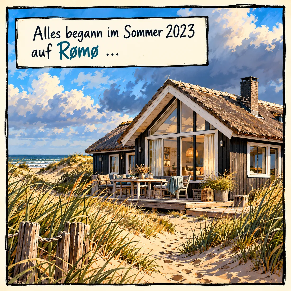 Bild 2: Ein Ferienhaus in den Dünen am Meer. Text: »Alles begann im Sommer 2023 auf Rømø …«