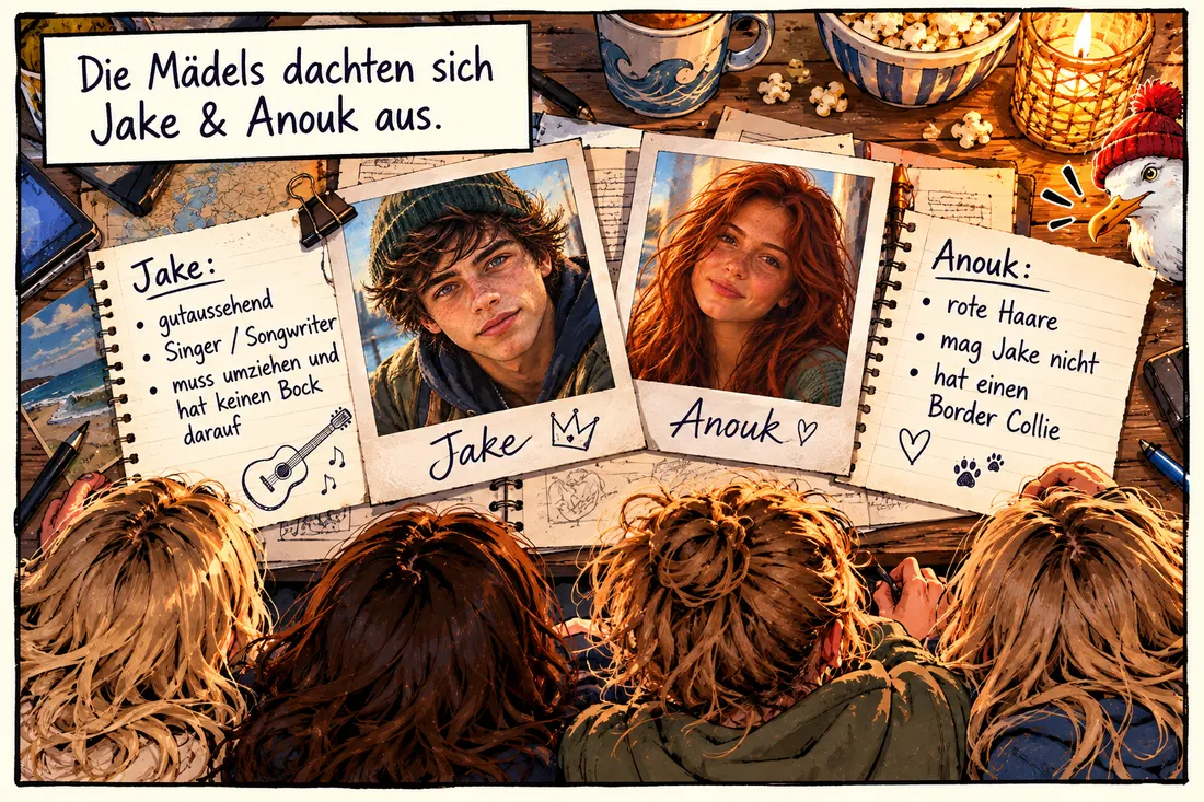 Bild 7: Notizbuch mit Polaroids von Jake und Anouk. Jake: gutaussehend, Singer/Songwriter, muss umziehen und hat keinen Bock darauf. Anouk: rote Haare, mag Jake nicht, hat einen Border Collie. Text: »Die Mädels dachten sich Jake & Anouk aus.«