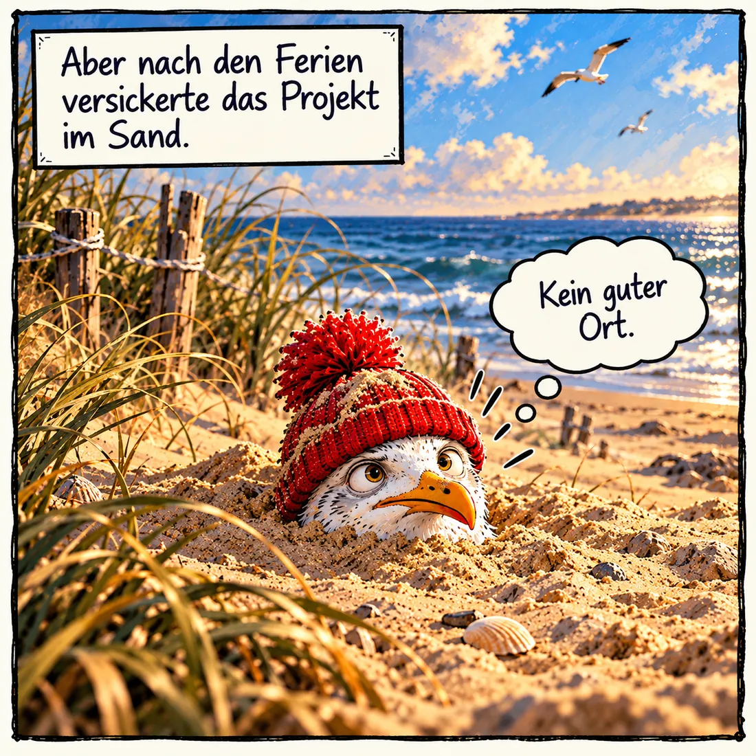 Bild 9: Bernd steckt bis zum Hals im Sand. Text: »Aber nach den Ferien versickerte das Projekt im Sand.« Bernd denkt: »Kein guter Ort.«