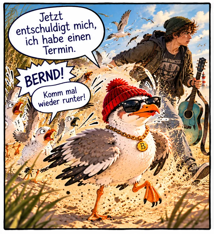 Bild 25a: Bernd mit Sonnenbrille stürmt davon: »Jetzt entschuldigt mich, ich habe einen Termin.« Andere Möwen rufen: »BERND! Komm mal wieder runter!« Im Hintergrund läuft Jake mit seiner Gitarre durch die Dünen.