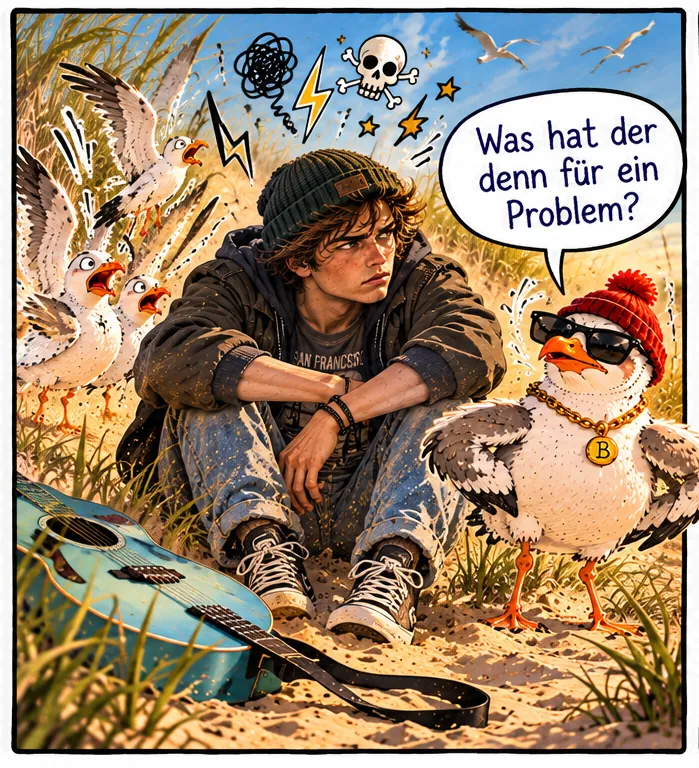 Bild 25b: Jake sitzt missmutig in den Dünen, die Gitarre liegt im Sand. Bernd neben ihm: »Was hat der denn für ein Problem?«