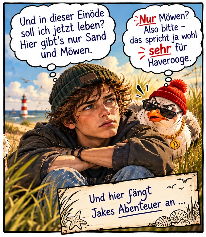 Bild 25c: Jake denkt: »Und in dieser Einöde soll ich jetzt leben? Hier gibt's nur Sand und Möwen.« Bernd denkt: »Nur Möwen? Also bitte – das spricht ja wohl sehr für Haverooge.« Text: »Und hier fängt Jakes Abenteuer an …«