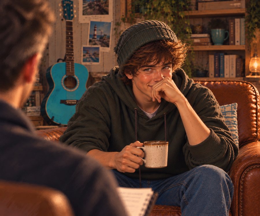 Jake im Ledersessel mit Kaffeebecher grinst hinter vorgehaltener Hand, im Hintergrund seine türkise Gitarre