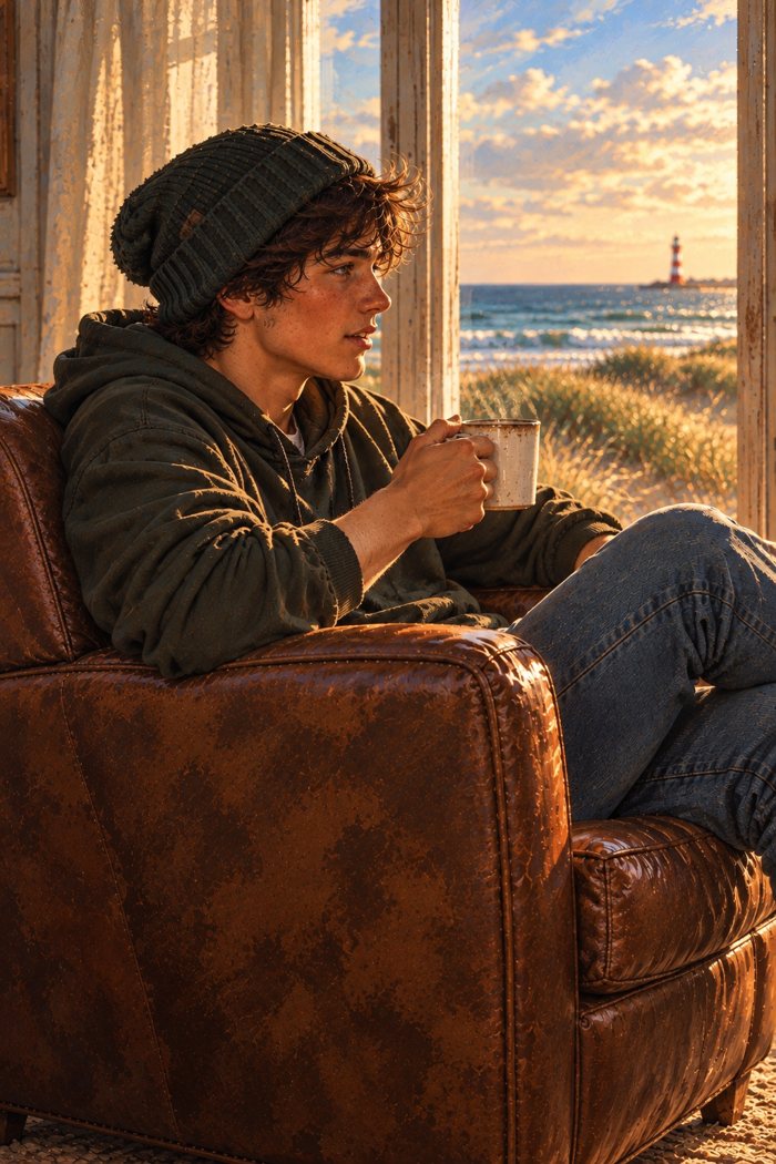 Jake sitzt mit Kaffeebecher im Ledersessel und blickt aus dem Fenster auf Dünen, Meer und Leuchtturm