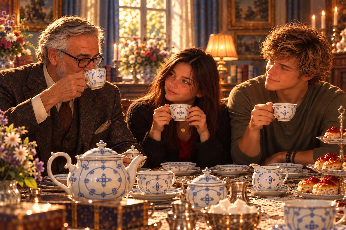 Der ältere Herr, Olivia und Sam trinken gemeinsam Tee aus blau-weißen Tassen und lächeln sich an.